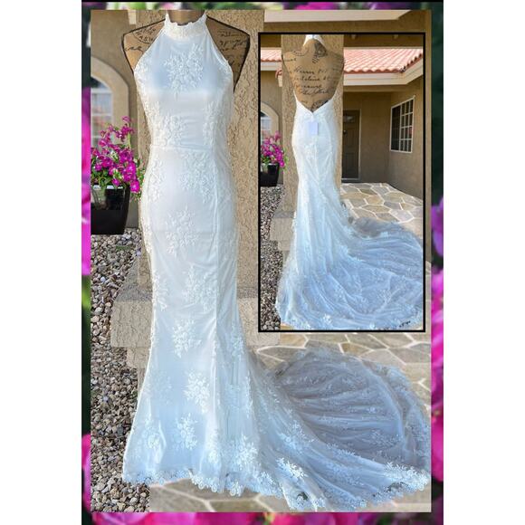 Lulus Glamour White Embroidered Halter Mermaid Maxi Dress Size M NWT - Picture 4 of 15